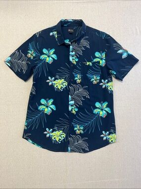 Matix Hawaiian Shirt Mens Medium Floral Palm Button Up Blue